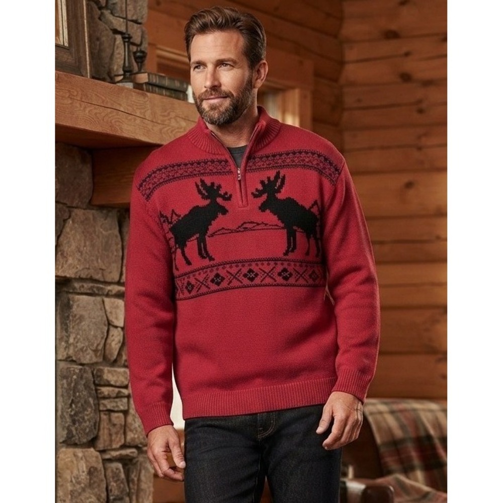 Chaps Quarter Zip Sweater Moose Intarsia Men's XL Red Cotton Knit Travel Outdoor